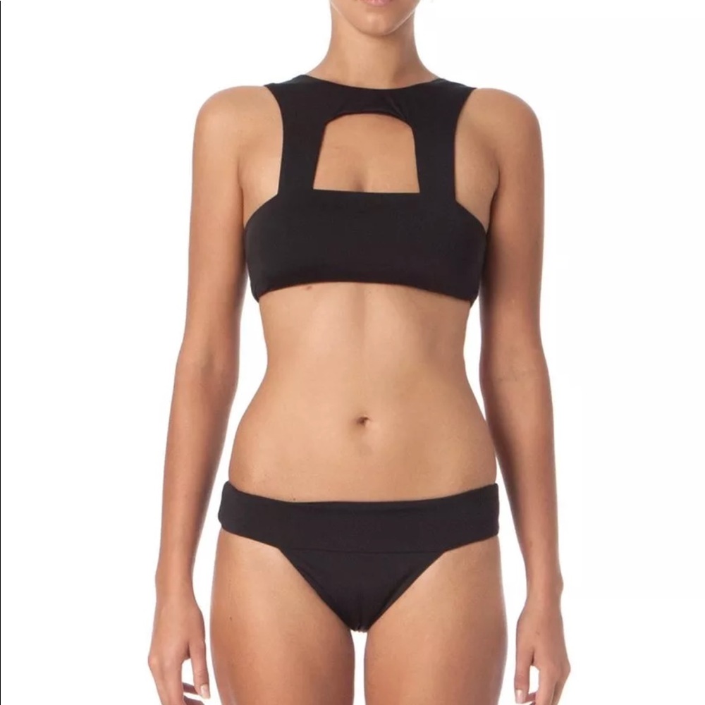 Fella Black Oliver Bandeau Cutout Bikini Top Retro Lined Solid Basic Surf Beach - Picture 2 of 4